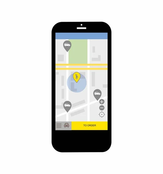 Transport-Netzwerk-App, Anruf eines Taxis per Mobiltelefon-Konzept, modernes Smartphone mit Anwendung für Online-Taxi-Service-Bestellung auf dem Bildschirm Schild isoliert auf weiß — Stockvektor