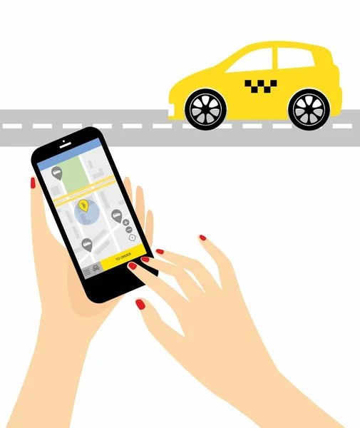 Processo de conceito de ilustração de reserva de táxi via aplicativo móvel — Vetor de Stock
