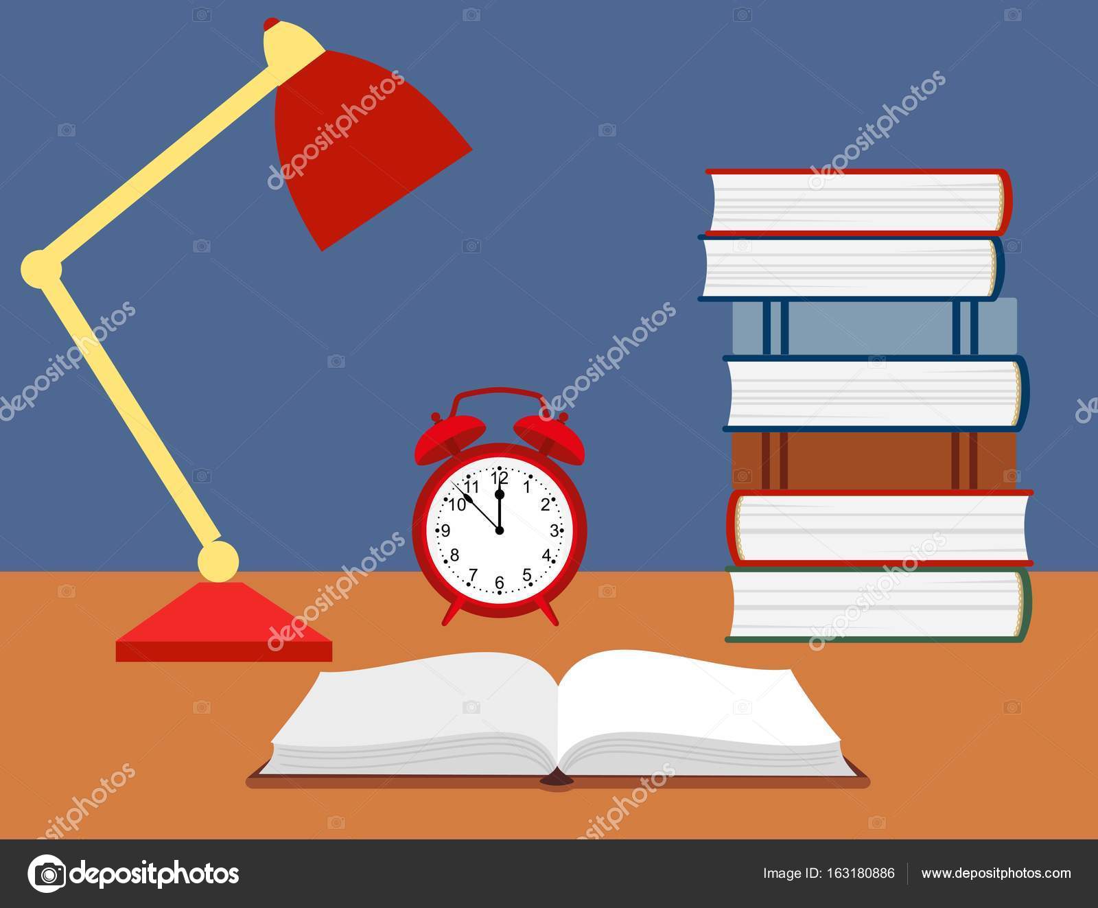 Vector Ilration Of An Open Book Alarm Clock And A Reading Lamp Vector Ilration Of An Open Book Alarm Clock And A Reading Lamp On The Desk