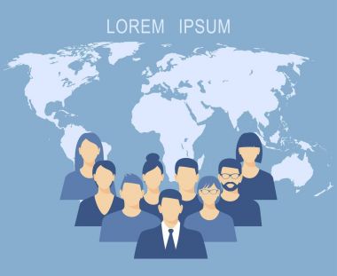 İş adamları düz tasarlamak vektör arka plan dünya haritası üzerinde takım.