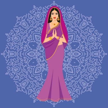 Güzel Hintli esmer genç kadın süs arka planı renkli sari