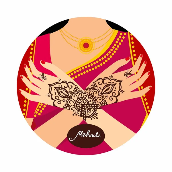 Element yoga mudra handen met mehendi patronen. illustratie voor een yogastudio, tatoeage, kuuroorden, ansichtkaarten, souvenirs. Indiase traditionele levensstijl. — Stockvector