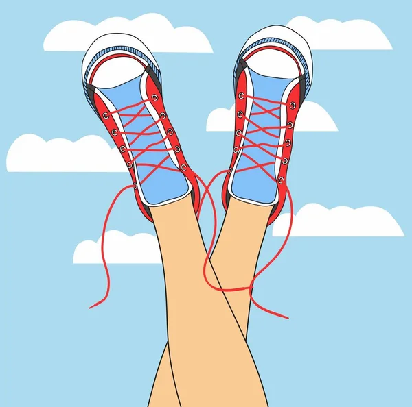 空の雲の背景にスニーカーの足。ファンキーな色靴ための半靴ファッション分離スニーカー. — ストックベクタ