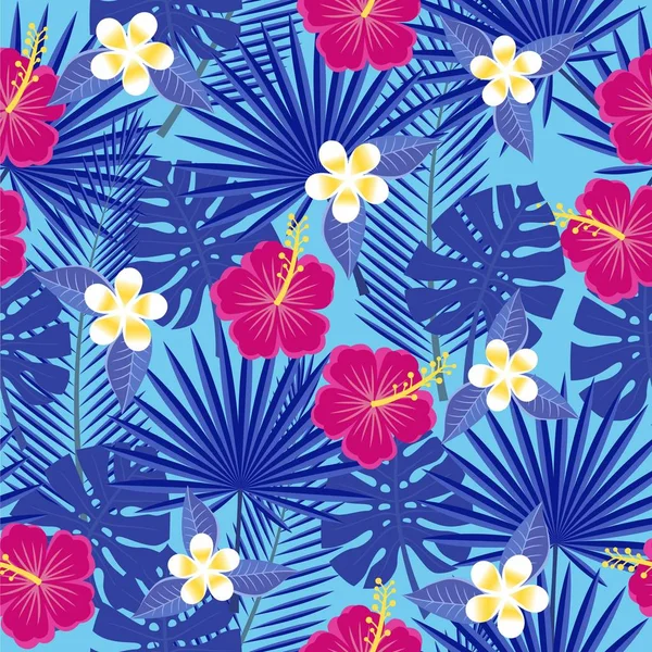 Naadloze tropische bladeren en bloemen - palm, monstera, hibiscus en plumeria — Stockvector