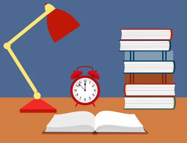 Ilustração vetorial de um livro aberto, despertador e uma lâmpada de leitura na mesa . — Vetor de Stock