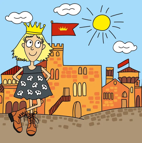 Princesa sobre un fondo de castillo, dibujo de dibujos animados — Archivo Imágenes Vectoriales