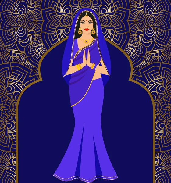 Belle brune indienne jeune femme en sari coloré sur le fond de l'ornement — Image vectorielle