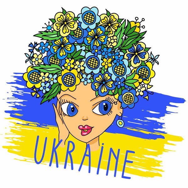 hand-drawn woman face with abstract hair as a luxury bouquet of flowers in the shape of a circle. Ukrainian girl