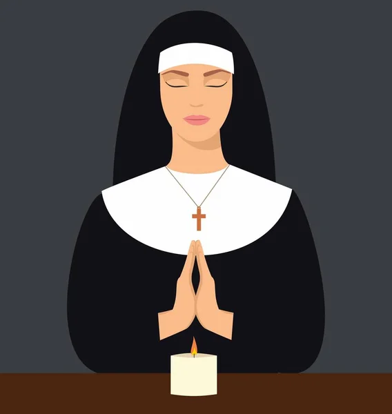 Illustration av en ung nunna med slutna ögon och händerna vikas i bön. Vektorillustration av kvinna som be — Stock vektor
