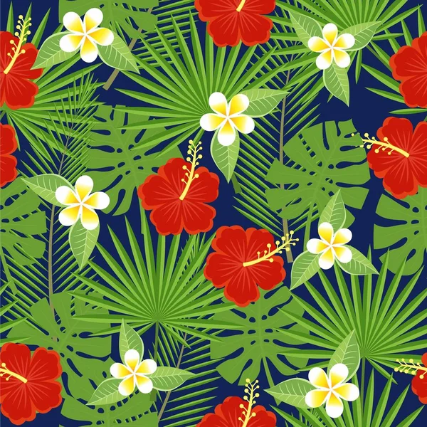 Feuilles et fleurs tropicales sans couture - palmier, monstère, hibiscus et plumeria — Image vectorielle