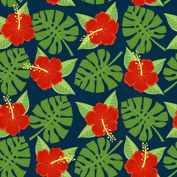 Feuilles et fleurs tropicales sans couture - monstère et hibiscus — Image vectorielle