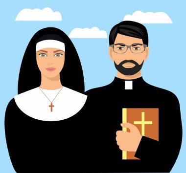 a young priest with a bible and a nun.  flat cartoon illustration