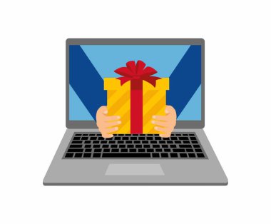 Online hediye sipariş ve teslimat hizmeti beyaz arka plan üzerinde düz Tasarım renkli resimde