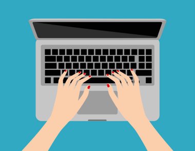 Hisse senedi vektör çizim: Kadınlar işyerinde. El masa laptop ekran vektör çizim iş insanlar üst görüntü açısı ofis yukarıda