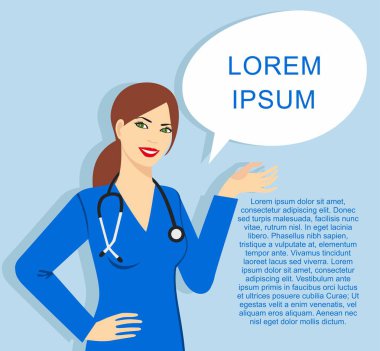 Doktor kadın sevimli vektör karikatür çizim ile stetoskop konuşma balonu
