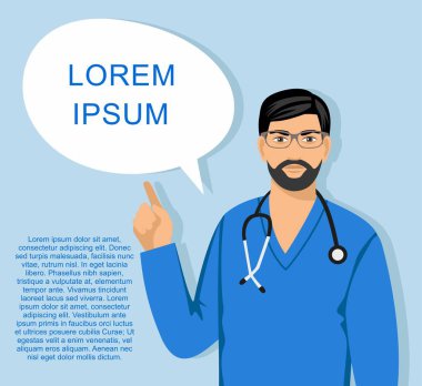 Doktor erkek sevimli vektör karikatür çizim ile stetoskop konuşma balonu