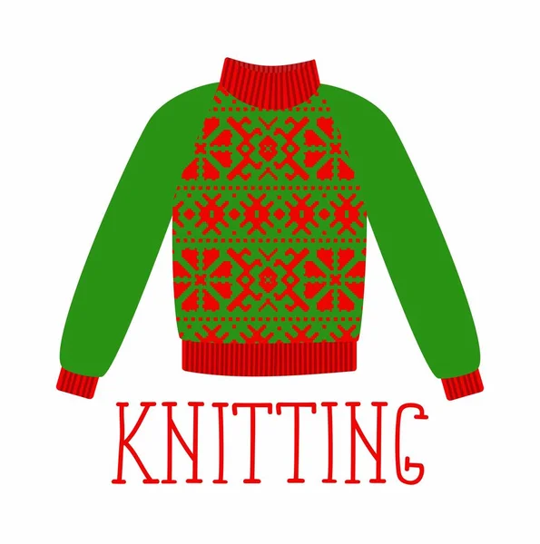 Zimní Teplý svetr s ornament, sladký shot, svetr pletený, červené a zelené barvy. — Stockový vektor