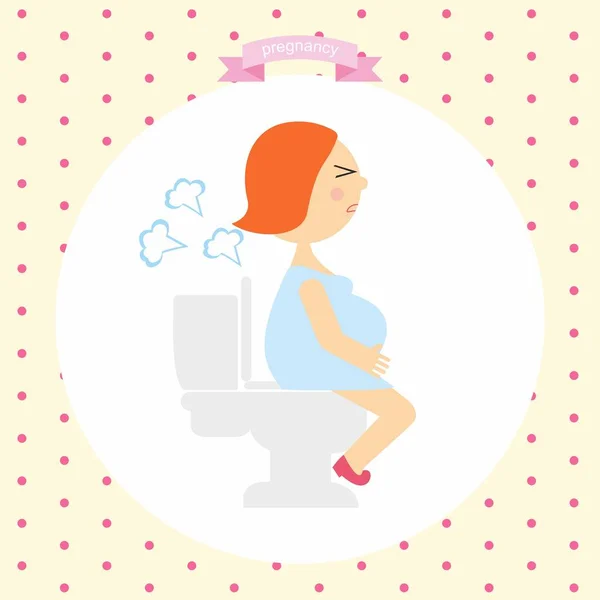 Cartoon illustration of a pregnant woman produces gases sitting on the toilet. series pregnancy — Stock Vector