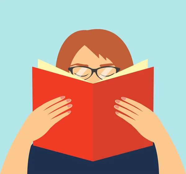 Mulher sem rosto de óculos segurando um livro aberto em suas mãos. Símbolo da educação. Ilustração vetorial da aprendizagem estudantil . — Vetor de Stock