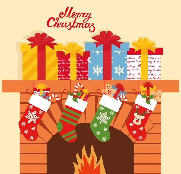 Illustrazione di calzini natalizi con regali sullo sfondo del camino. Sfondo di Natale con regali — Vettoriale Stock