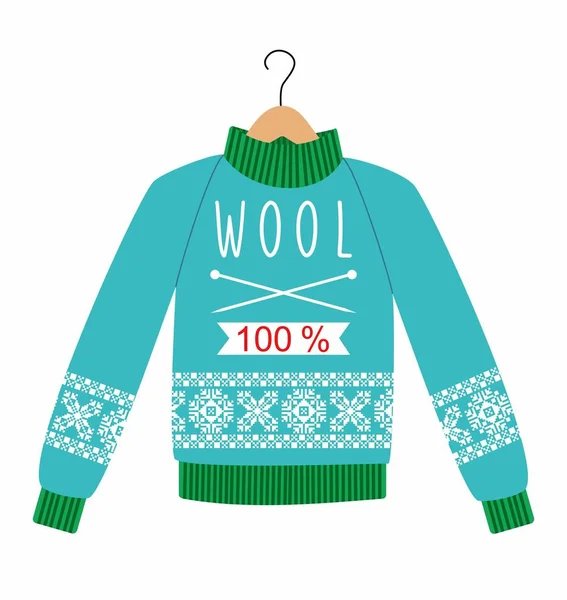 Illustratie trui met een patroon op een hanger. Winter warme trui met een sieraad, zoete schot, jumper voor breien, blauwe en groene kleur. — Stockvector