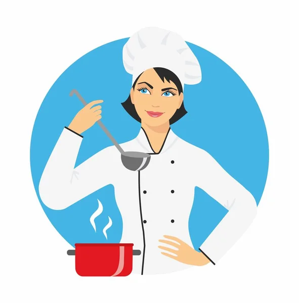 Chef mulher em boné e uniforme com uma concha na mão. ilustração vetorial, isolado no fundo redondo azul — Vetor de Stock
