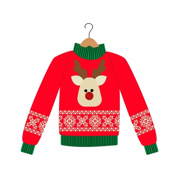 Illustration of a red Christmas sweater with deer on the white background — Stock Vector