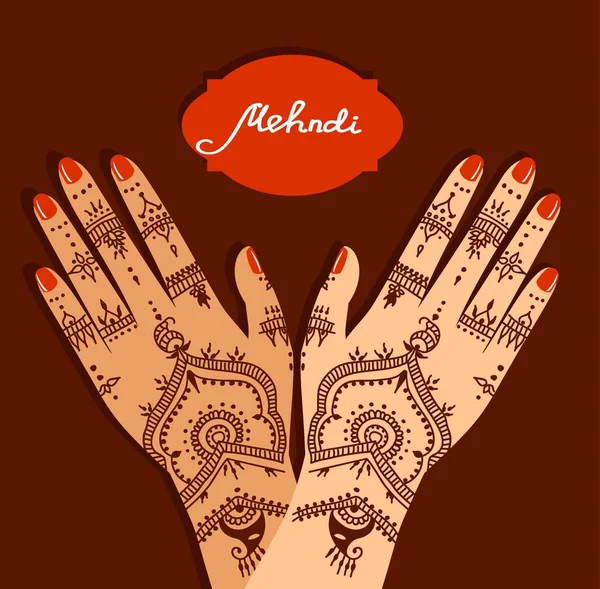 Στοιχείο γιόγκα mudra χέρια με τα mehendi σχέδια. Εικονογράφηση φορέας για ένα στούντιο γιόγκα, tattoo, Spa, καρτ-ποστάλ, αναμνηστικά. Ινδική παραδοσιακό τρόπο ζωής. — Διανυσματικό Αρχείο
