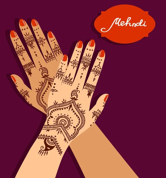 Elemento yoga mudra manos con patrones mehendi. Ilustración vectorial para un estudio de yoga, tatuaje, balnearios, postales, recuerdos. Estilo de vida tradicional indio . — Vector de stock