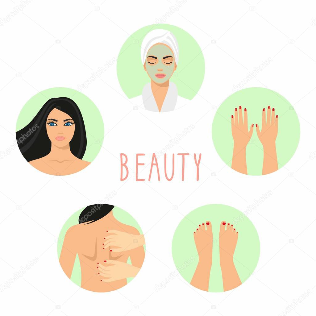 illustrations of young beautiful woman,  cosmetic mask on her face, woman with make-up, hands with manicure, feet with manicure.