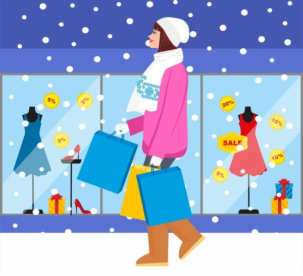 Shopping girl - Stock Illustration (en inglés). chica de moda con compras para su diseño — Vector de stock