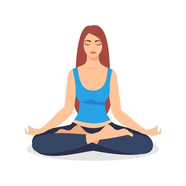 Mujer joven sentada en postura de loto de yoga. Ilustración de chicas meditadoras. Mujer yoga, meditación, personas anti-estrés . — Archivo Imágenes Vectoriales