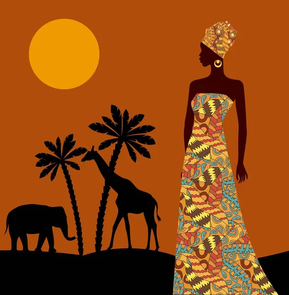 Paysage tropical. Belle femme noire. Carte savane africaine — Image vectorielle