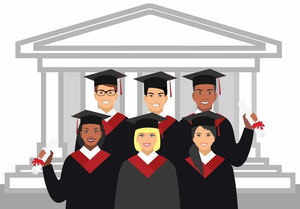 A csoport különböző nemzetiségű ruha diplomás a háttérben, az egyetemi diplomások — Stock Vector