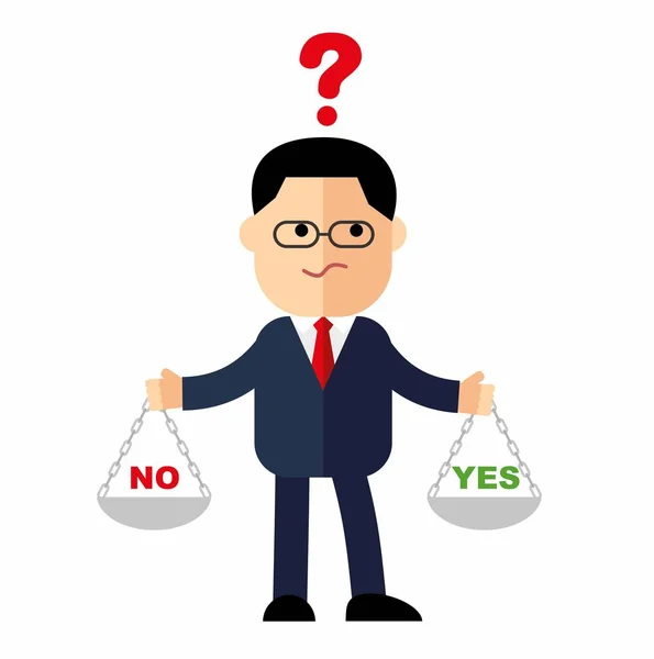 Cartoon affärsman, chefen med vikter i händerna är att välja Ja eller nej. Frågetecknen kring huvudet mannen i kostym. — Stock vektor