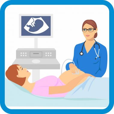 Hamile kadın kanepede yalan. Ultrasonografi hamile bir vektör çizim yapıyor. 