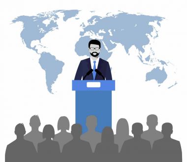 orator speaking from tribune on a background map of the world. public speaker and crowd clipart