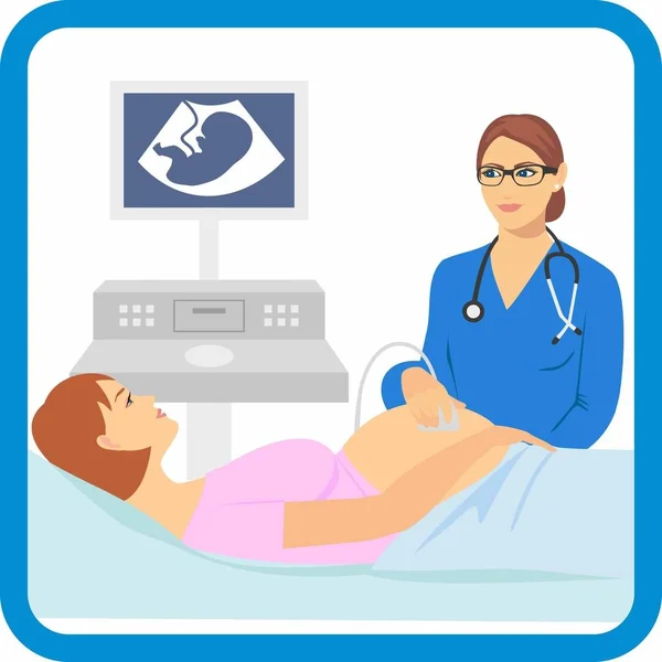 Pregnant woman lying on the couch. Vector illustration of a pregnant doing ultrasonography. — Stock Vector