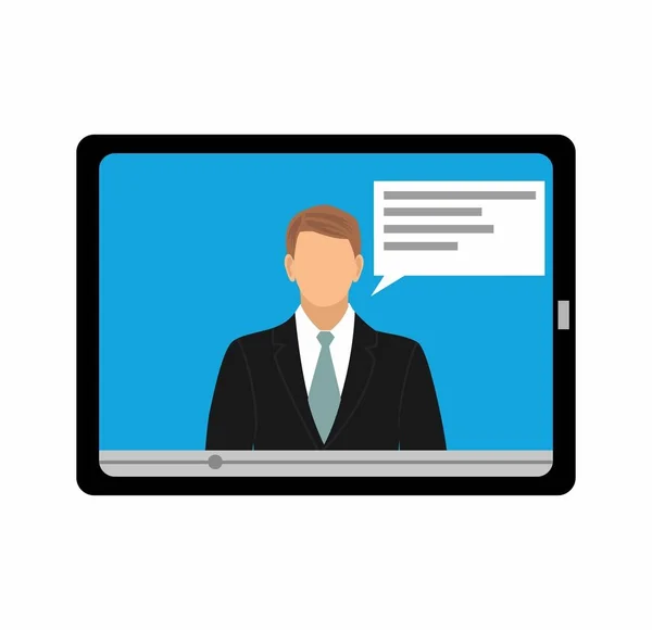 Tablet screen with the man in a suit on video. Marketing concept in flat style. illustration, flat design. — Stock Vector