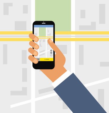 Taksi hizmeti. Smartphone ve dokunmatik ekran, şehir gökdelenler. Ulaşım ağı app, cep telefonu konsepti taksi çağırma.