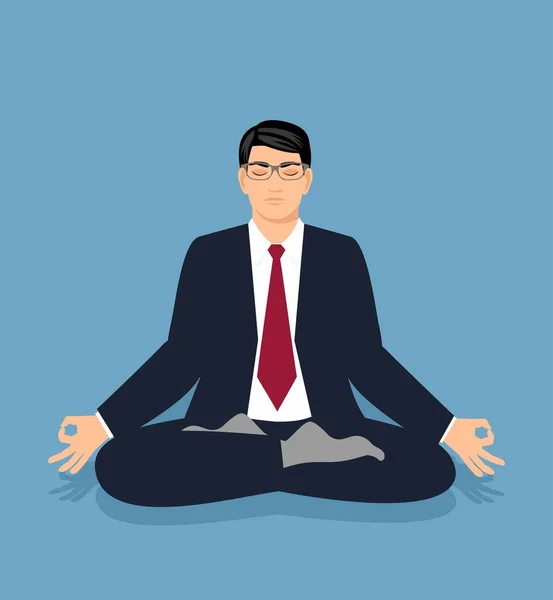 Ilustración hombre de negocios en un traje se sienta en una posición de loto y meditar — Vector de stock