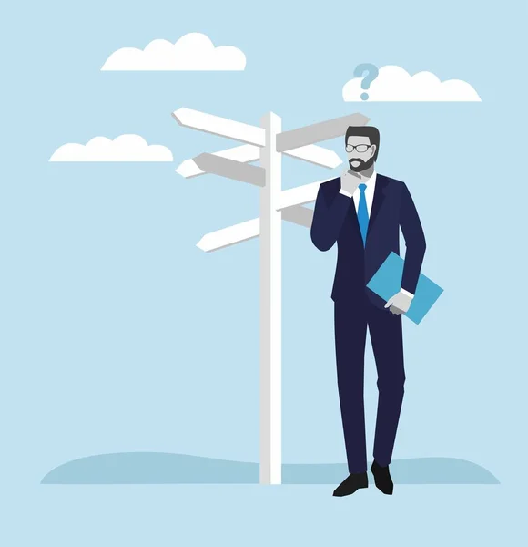 Business people concepts. Businessman standing at a crossroad and looking directional signs arrows. vector illustration.