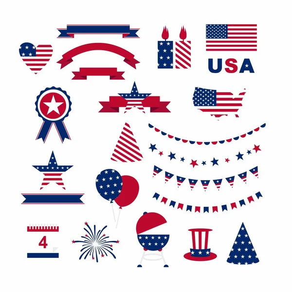 USA celebration flat national symbols set for independence day  on white background — Stock Vector