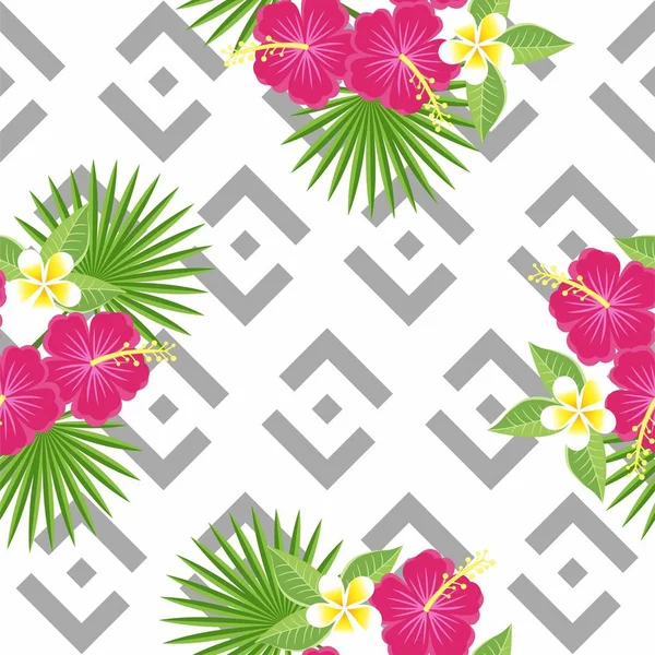 Seamless tropical leaves and flowers - palm, monstera, hibiscus and plumeria against the background of geometric gray and white pattern — Stock Vector