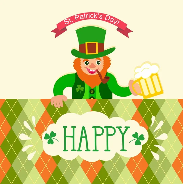 Carte de la Saint-Patrick. Lutin avec un bâton, une pipe à fumer et un verre de bière — Image vectorielle