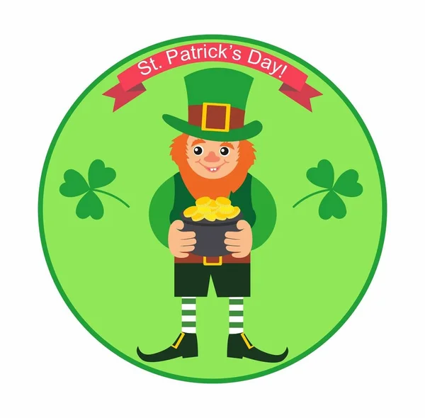 St. Patrick dzień karta. Krasnoludek z garnek złota — Wektor stockowy