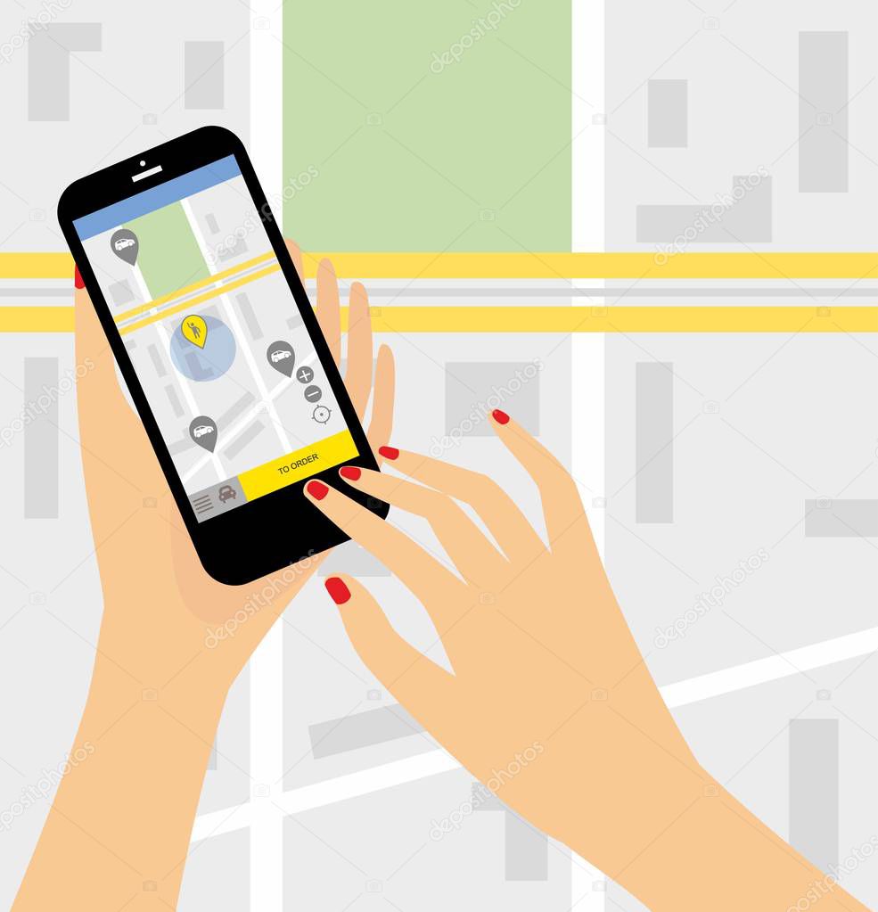 Taxi service. Smartphone and touchscreen, city skyscrapers.Transportation network app, calling a cab by mobile phone concept.