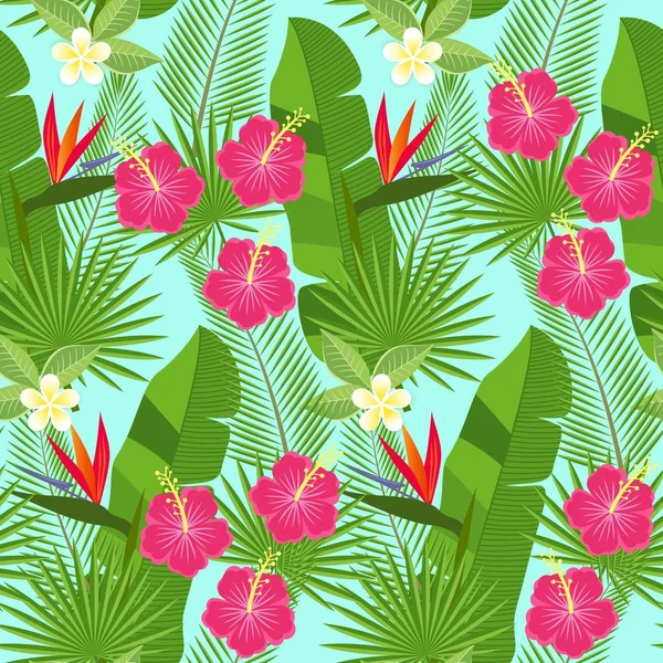 Naadloze tropische bladeren en bloemen - palm, monstera, hibiscus en plumeria, strelitzia reginae. — Stockvector