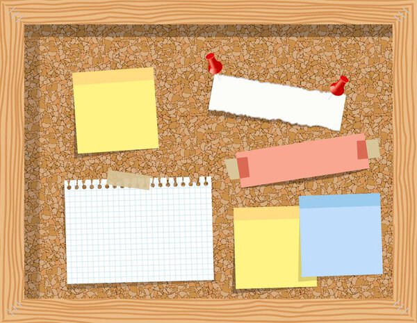 Cork board with pinned paper notepad sheets realistic vector illustration. vector illustration board for notes. A noteboard made of cork with some pins and blank papers