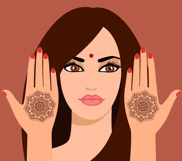 Ilustración vectorial de una hermosa mujer india con el pelo largo. Elemento yoga mudra manos con patrones mehendi. Ilustración vectorial para un estudio de yoga, tatuaje, balnearios, postales, recuerdos . — Vector de stock